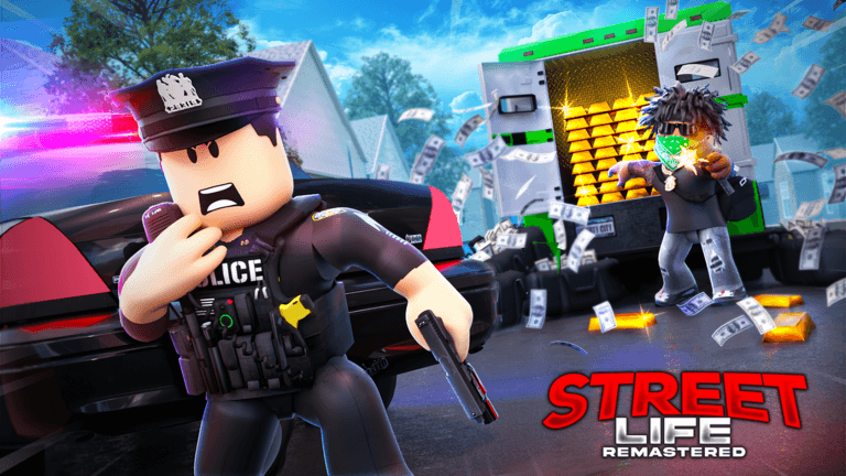A police officer and a masked robber beside a cash-filled armored truck, official Street Life Remastered promo art